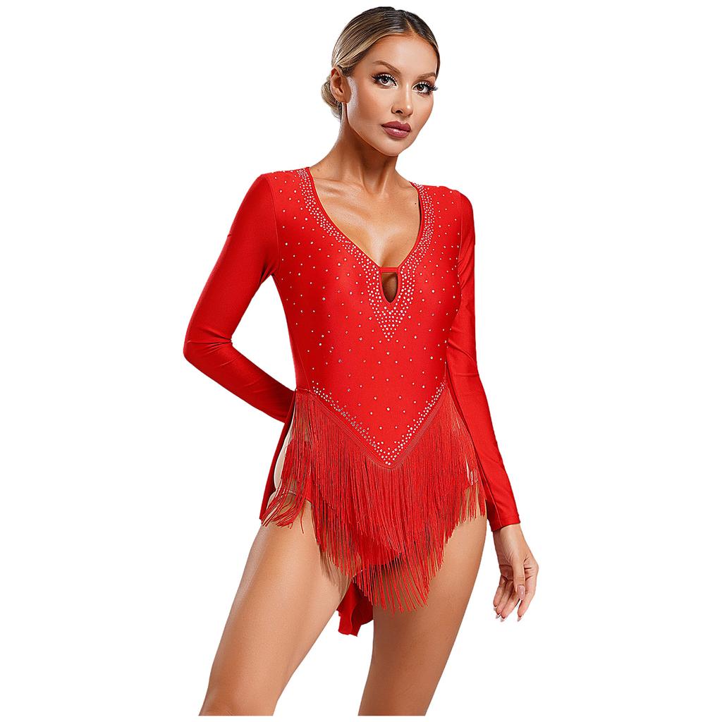 Womens Performance Bodysuit Deep V Neckline Long Sleeve Backless Style Glittery Rhinestones Fringe Dance Leotard