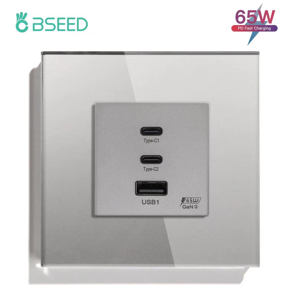 BSEED French Wall Socket 65W Double Type-c USB Sockets Super Fast Charging Ports Electric Power Outlets Crystal Glass Frames