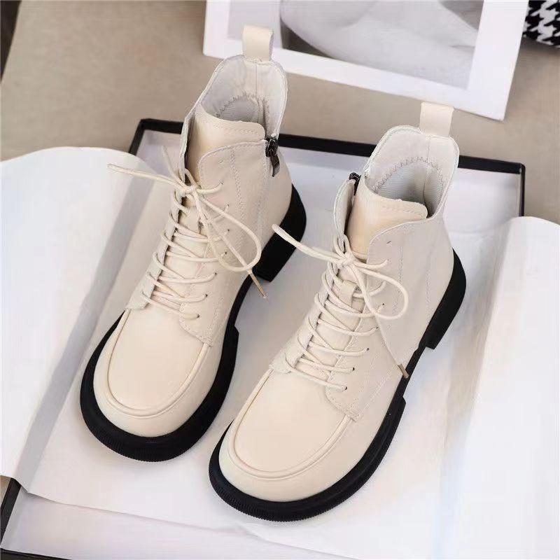 Martin Boots Women's Short Tube Lace-up New Spring and Autumn Single Boots Winter Velvet Medium Heel Thick-soled Short Boots