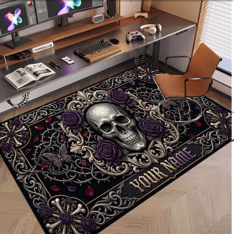 Tappeto Morbido in Velluto di Cristallo Tema Gotico Teschio Stampa Personalizzata Nome e Testo Tappeto Antiscivolo per Camera da Letto Soggiorno