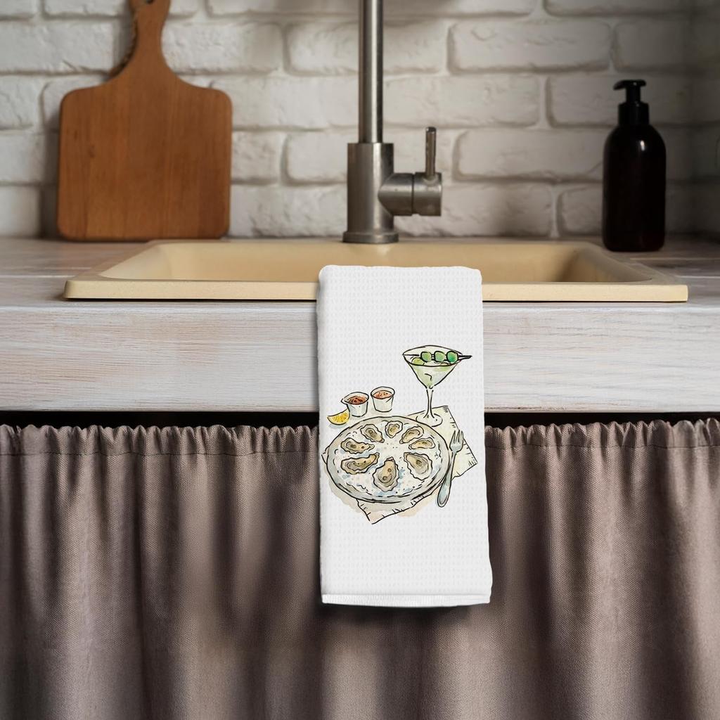 Watercolor Coastal Beach Kitchen Towels, Martini Oyster Seafood Meal Decorative Dish Tea Towels, Nautical Beachy Hand Towels for Kitchen Dining Room