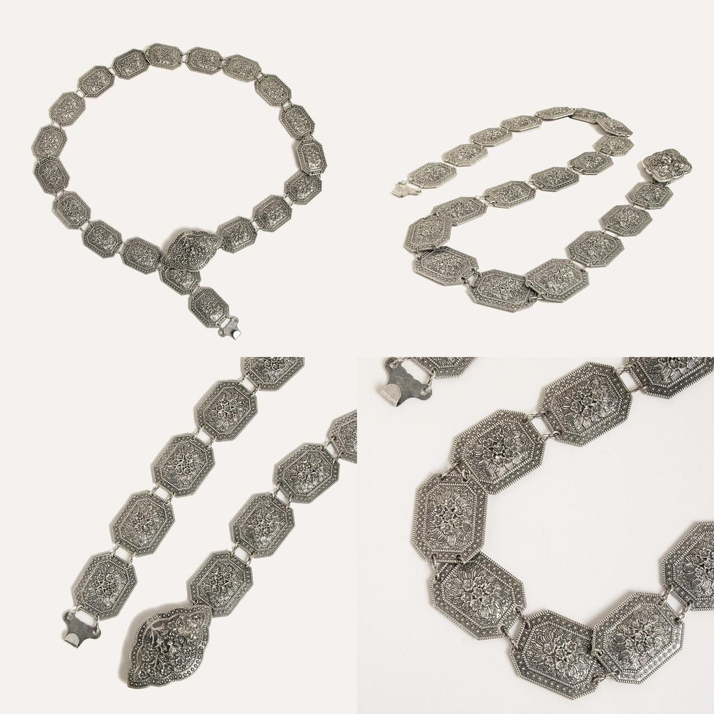 Geometric Waist Metal Chain For Women With Carved Design And Folk Fashion Style