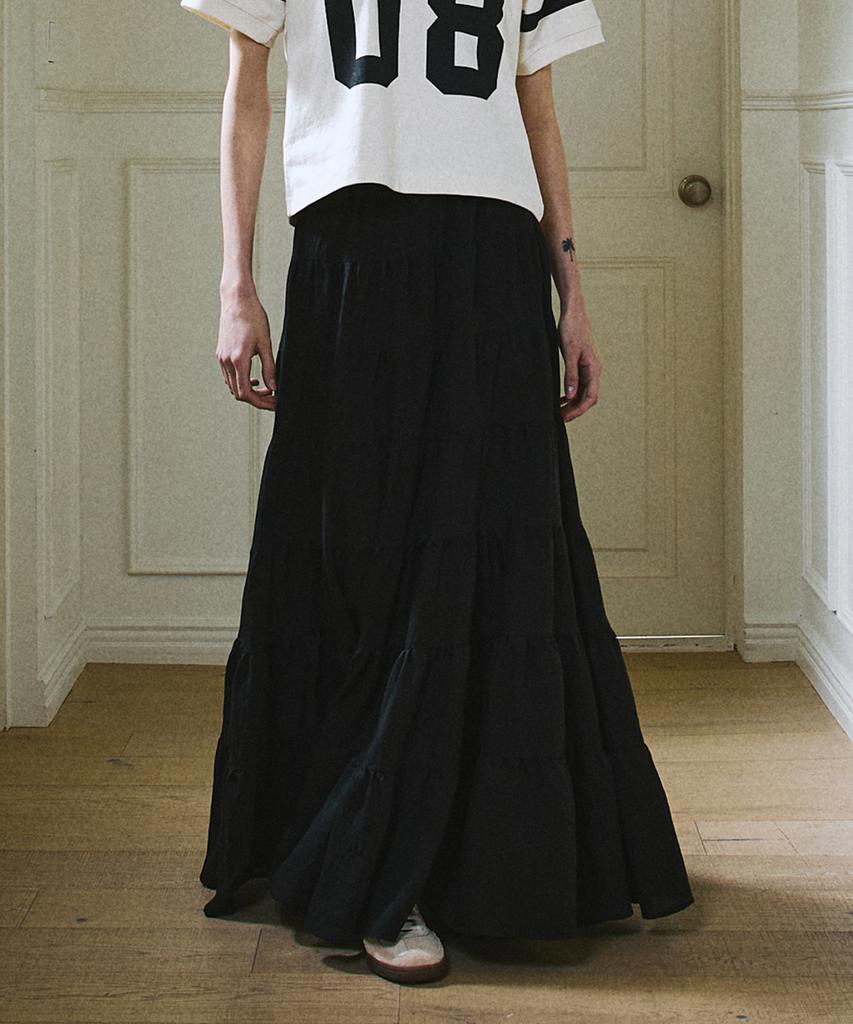 Green Butter Cancan Ruffle Long Skirt (Black)