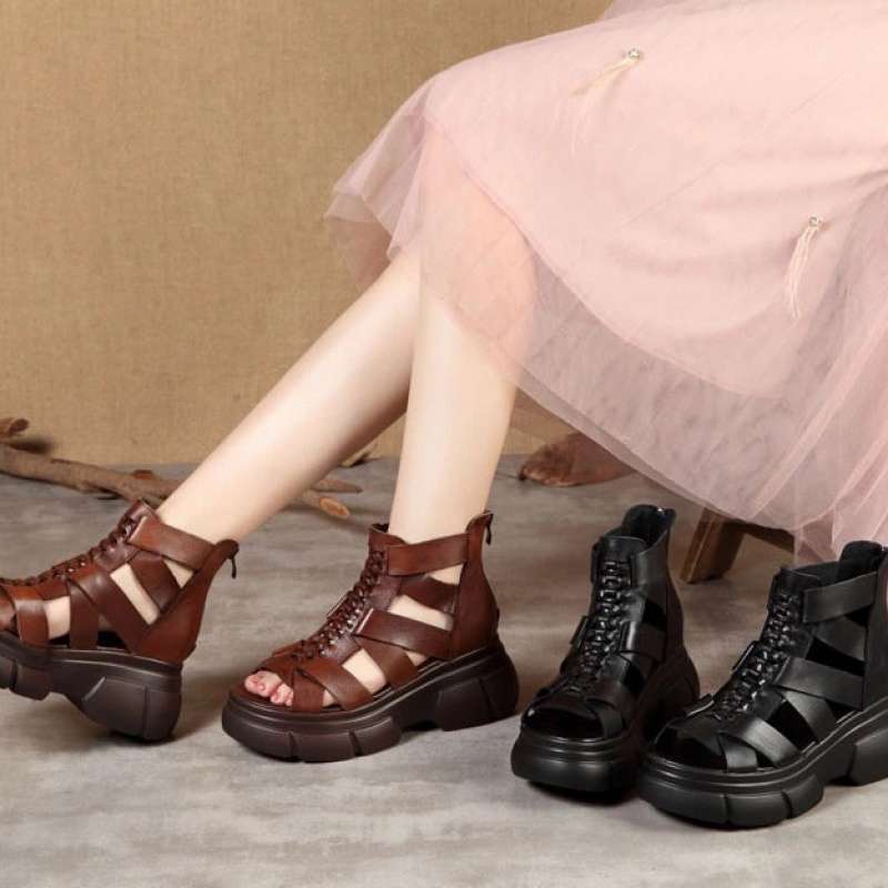 Summer new retro handmade leather thick-soled cool boots women's high-heeled hollow soft leather sandals wedge heel fish mouth Roman shoes