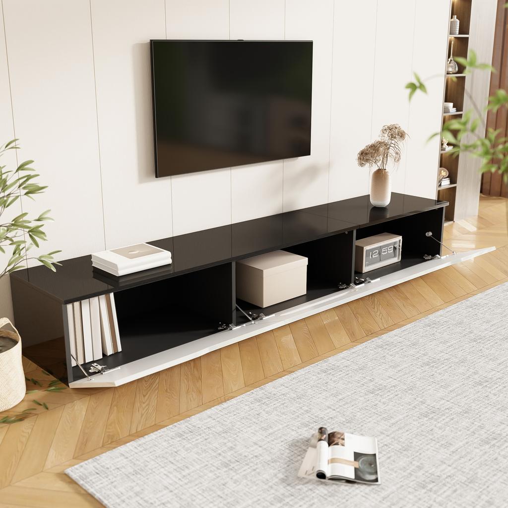 Black-White TV Cabinet, 180 cm Long, High-Gloss Surface, with 16-Color LED Lighting, Wall-Mountable