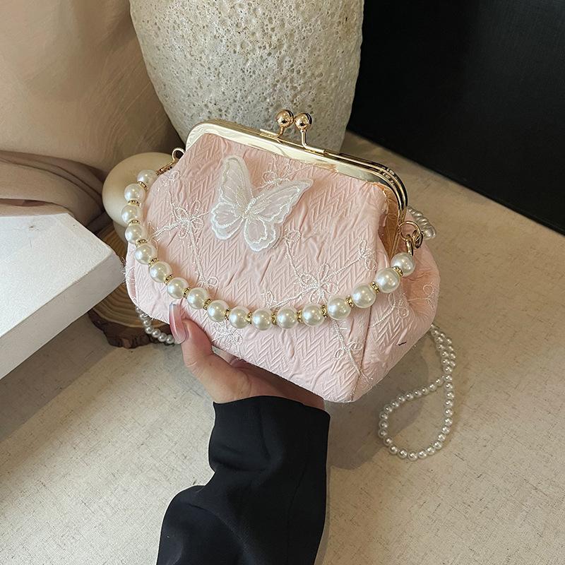 Embroidery Small Bag Women's Summer New Fashion Pearl Chain Mouth Gold Bag Versatile Messenger Bag