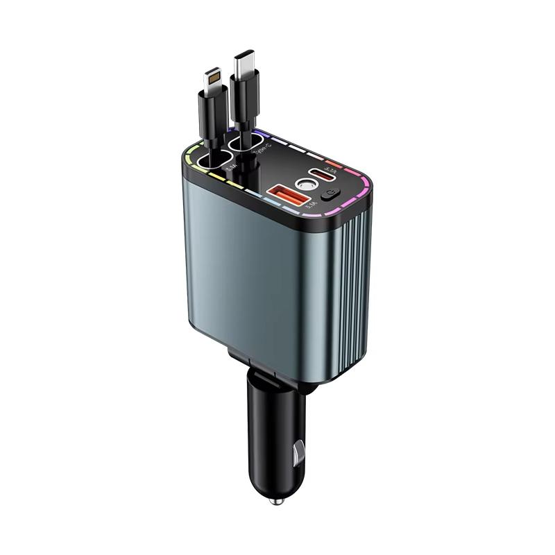 ZRGAE 5 IN 1 Retractable Car Charger 152W Fast Charging Starry Sky LED Lights USB Type-C Power Adapter For iPhone Android