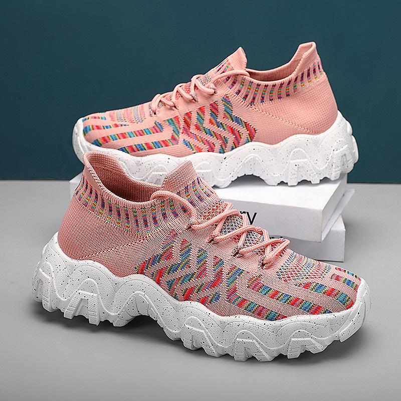 

2025 spring and autumn Korean version of socks and shoes women s new sports fly-woven shoes color matching platform dad casual men s shoes 48 розовый