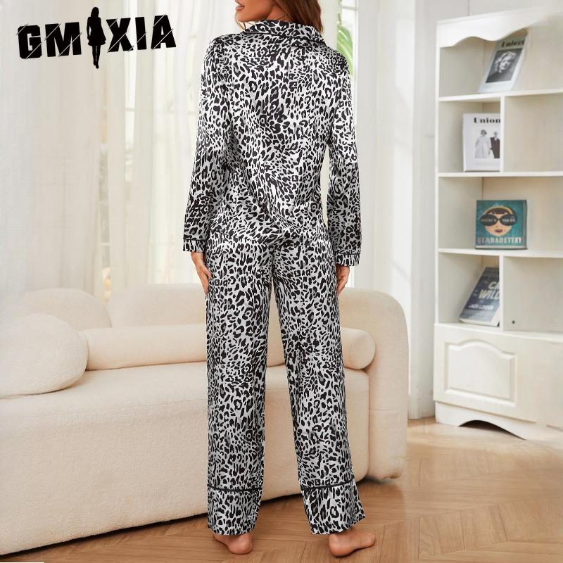 GMXIA Women's Pajamas Autumn and Winter Simulation Silk Leopard Long-sleeved Trousers Two Sets of Homewear