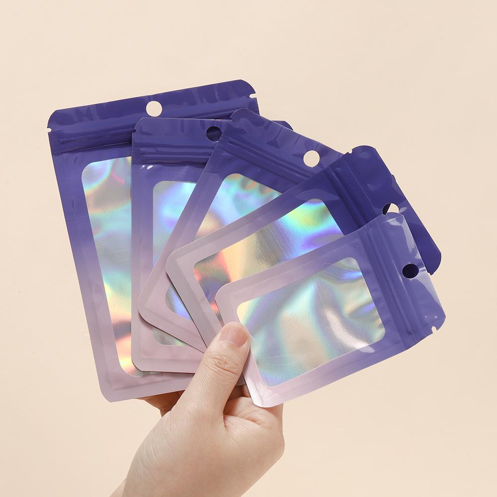 50pcs Thicken Ziplock Bags Gradient Holographic Laser AB Color Plastic Pouch for DIY Jewelry Storage Pouch Zip Lock Bag