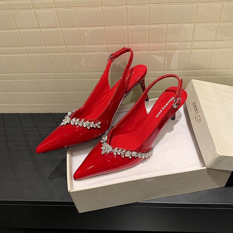 2025 New Summer Word with Nude High Heels Pointed Sexy Rhinestones Beautiful Temperament Versatile Sandals Women