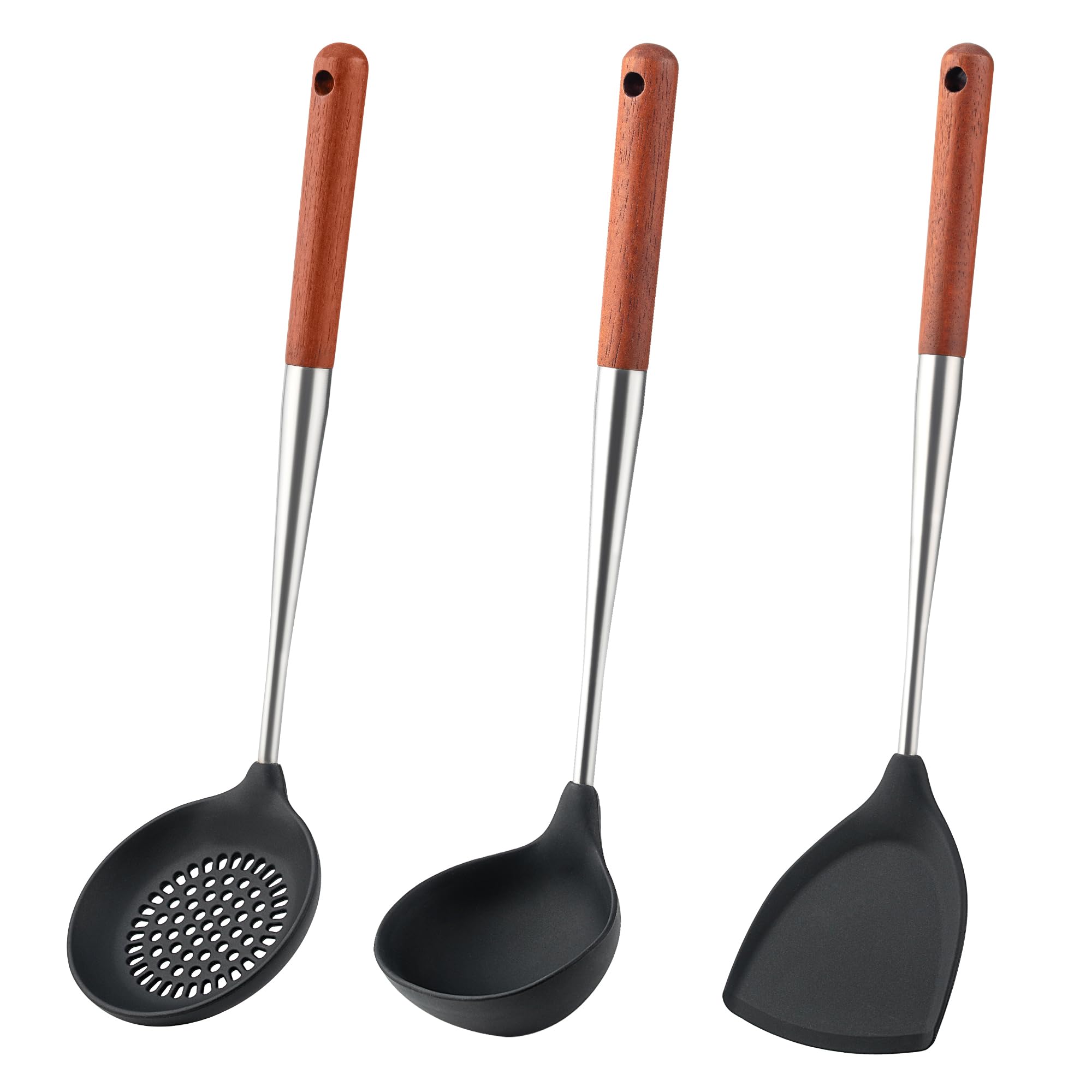 

FJNATINH 3-Piece Wok Utensil Set: Ladle, 304 Stainless Steel Wok Spatula, Walnut with Silica Gel Head
