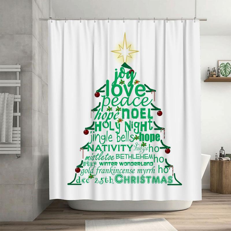 

Word Art Christmas Tree Shower Curtain, Green Text With Joy Love Peace Wishes On White, Unique Holiday Message Decor W60H190(CM)-1 Pcs