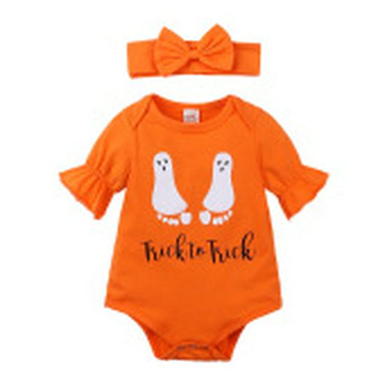 Halloween Skull Print Baby Romper with Bat Shape and Pumpkin Design, Includes Hat