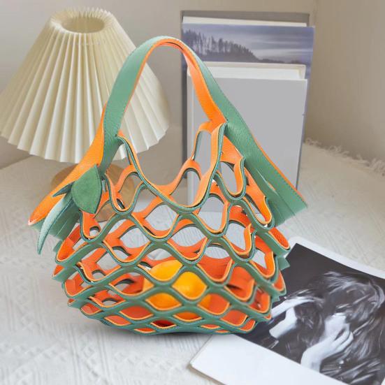 Folding Tote Bag Faux Leather Hollow Handbag Casual 2-in-1 Fruit Basket Seat Cushion for Picnics Camping Grocery Shopping