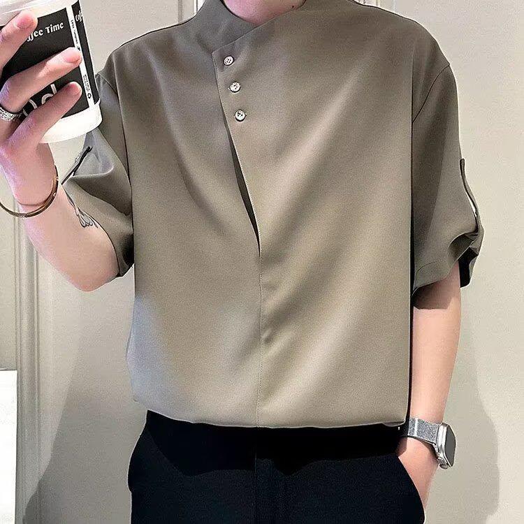 

Мужская высококачественная футболка с воротником-стойкой и короткими рукавами - Модный и элегантный стиль 2026 года XXXL хаки