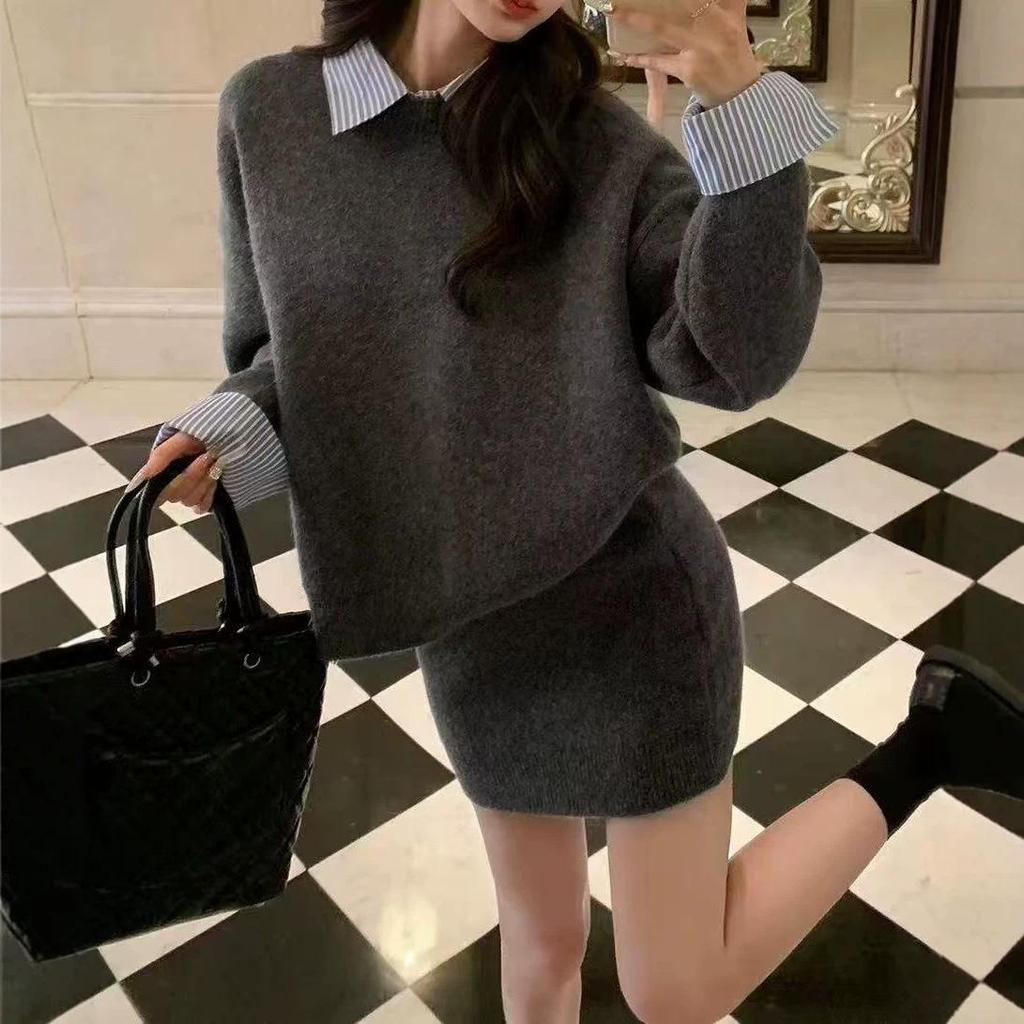 Women's Color Block Two-Piece Shirt Collar Sweater - Lazy Style Autumn Grey Knitwear Set