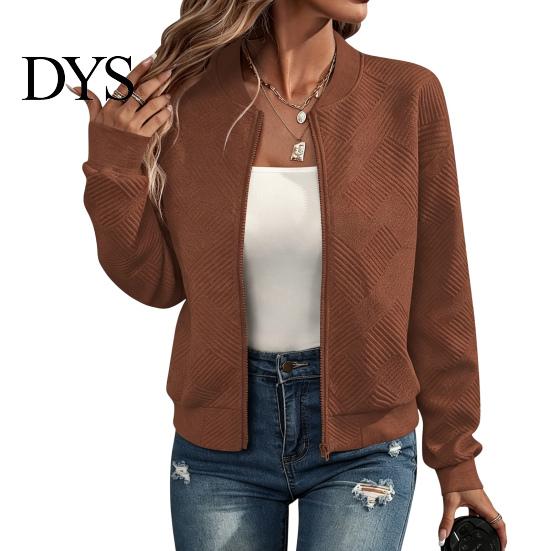 Comfortable Women Workwear Fall Winter Zip-Up Jacket, Solid Color Long Sleeve Casual Jacket Outwear, Round Neck Autumn Coat with Ribbed Collar