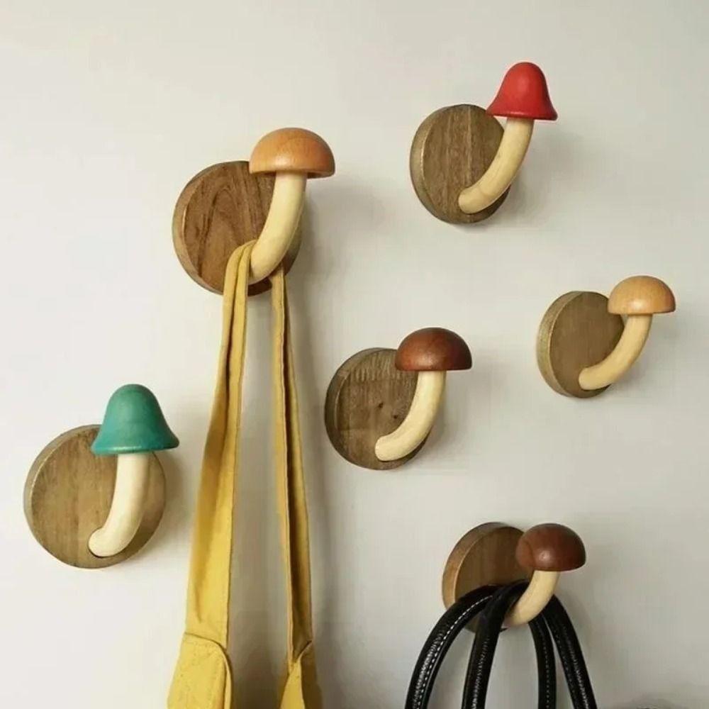 Wooden Mushroom Clothes Hat Hooks Wall Decoration Bathroom Hanger Organizer  Kitchen