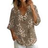 Women Vintage Floral Print V Neck Loose Fit Short Sleeve Blouse Linen Blend Casual Summer Top with Button Detail
