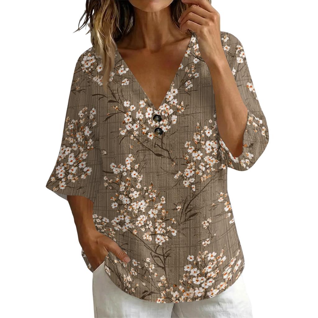 Women Vintage Floral Print V Neck Loose Fit Short Sleeve Blouse Linen Blend Casual Summer Top with Button Detail