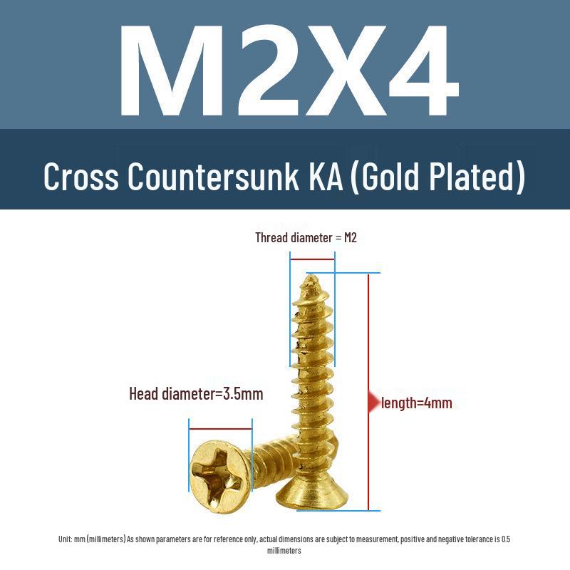 Yigu Gold-Plated Carbon Steel Self-Tapping Screws: Countersunk Head, Flat Head, Pointed Tail, Sizes M2-M4, Ideal for Electronics.