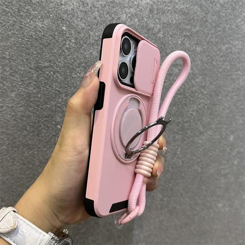 Armor Magnetic Ring Stand Holder Slide Window with Wrist Strap Phone Case for iPhone 16 15 13 12 11 14 Pro Max Plus Bumper Cover