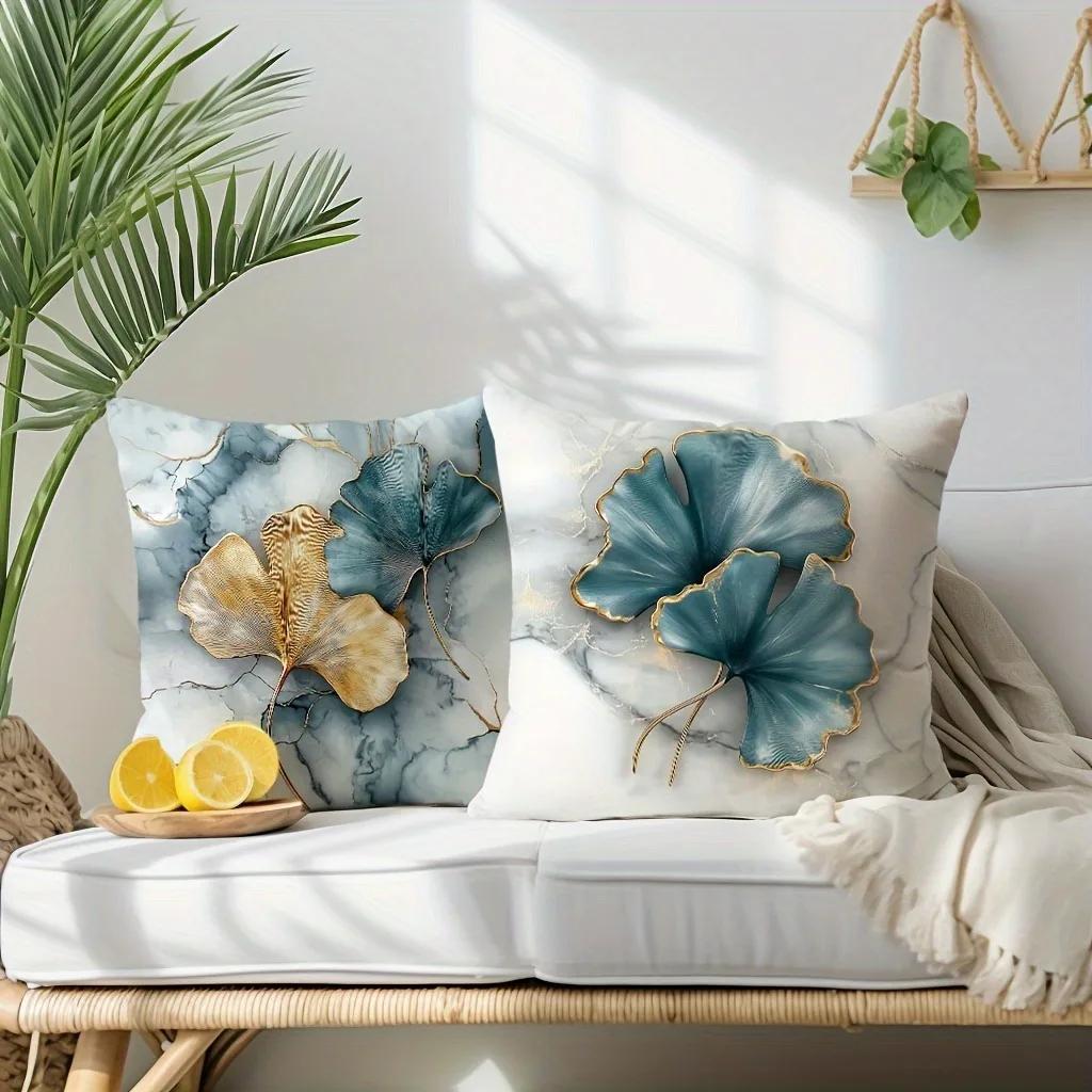 Ginkgo Biloba Gray Marble Texture Printed Pillowcase Living Room Sofa Cushion Cover Home Bedroom Room Decoration