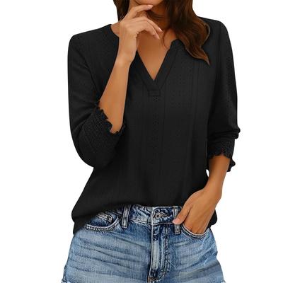 Women's Three-quarter Sleeve Top, V-neck Openwork Embroidered Shirt