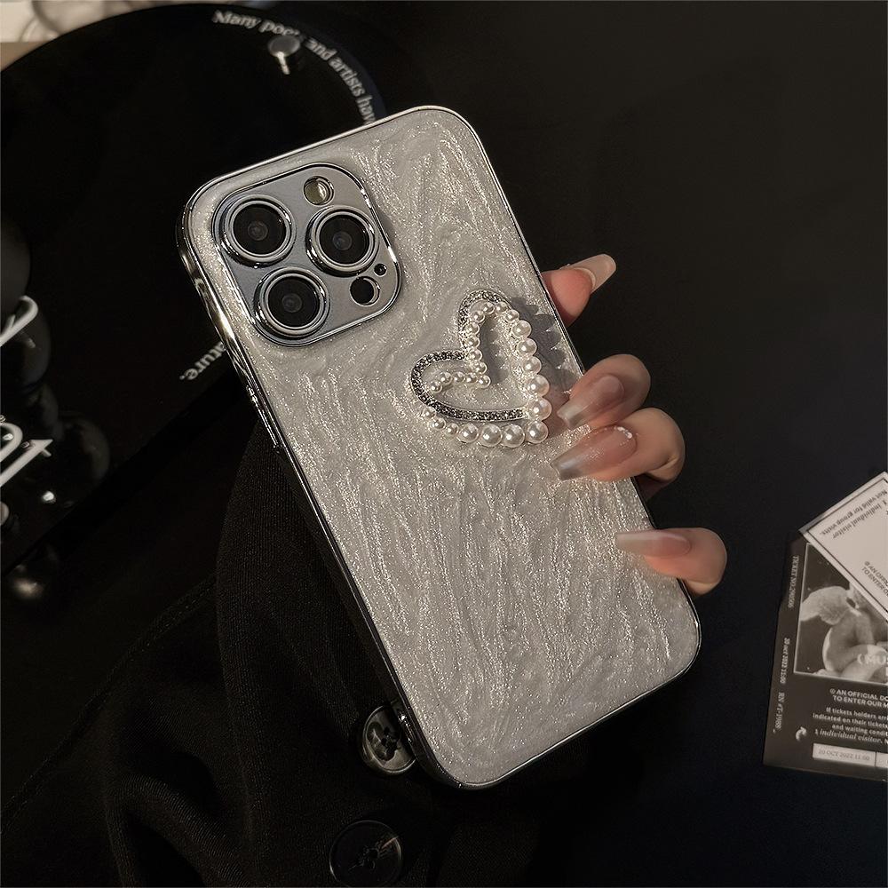 Glitter Pink Three Dimensional Pearl Love IPhone 14 Mobile Case 13 Apple 16 ProMax Glue 11 Glitter Powder 15 Applicable