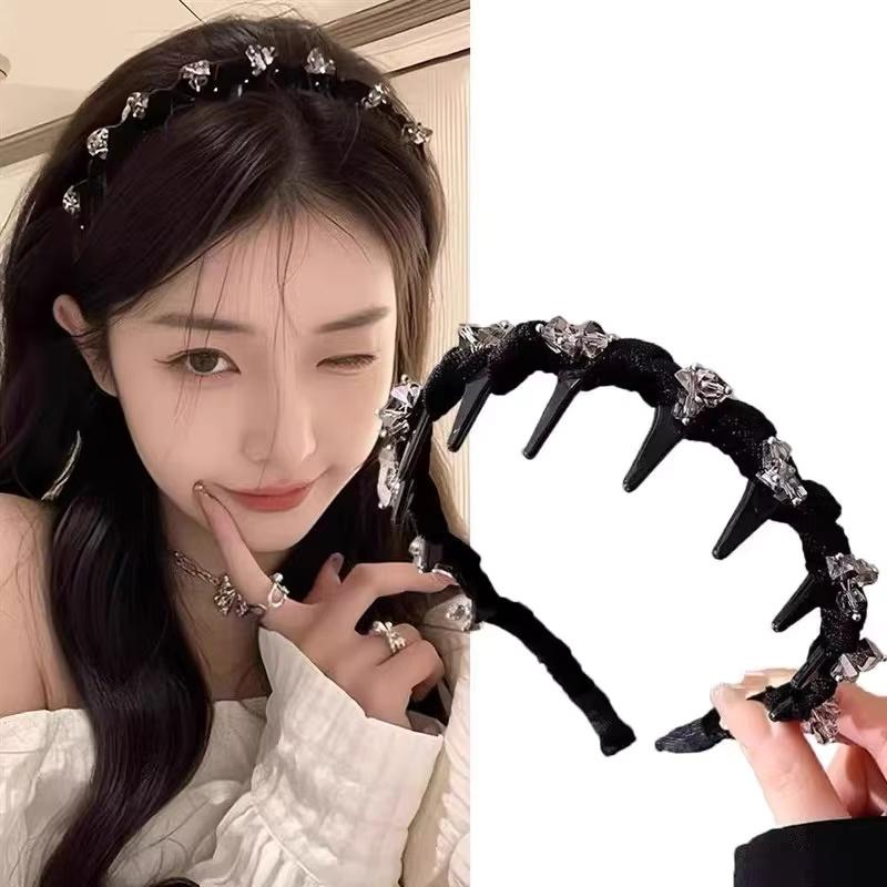 Elegant Temperament Rhinestone Mesh Headband for Woman Toothed Non-slip Hair Band Fashion Girl Face Washing Headband