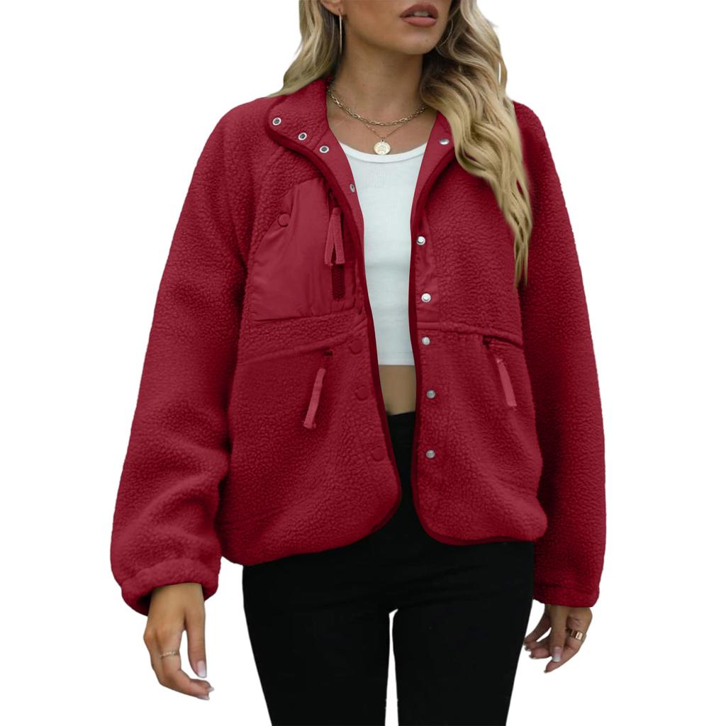 Women's Fashion Casual Stacked Lapel Single Button Fleece Sports Sweatshirt Jacket Outerwear