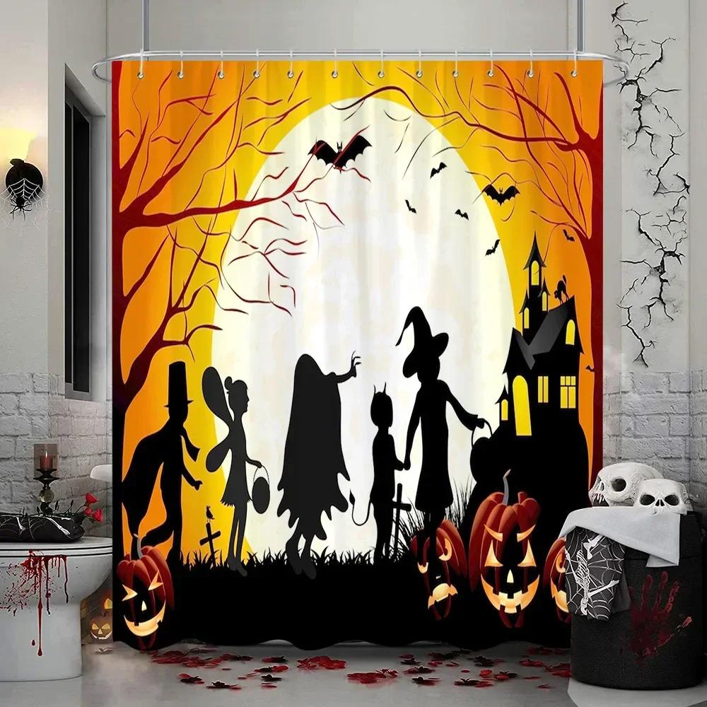 

Halloween Shower Curtain Rug Set Ghost Pumpkin Skeleton Halloween Theme Cartoon Shower Curtains Holiday Home Bathroom W60H190(CM)-1 Pcs