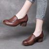 Johnature Genuine Leather Solid Color Thick Heeled Pumps Retro Versatile Round Toe Women's Shoes