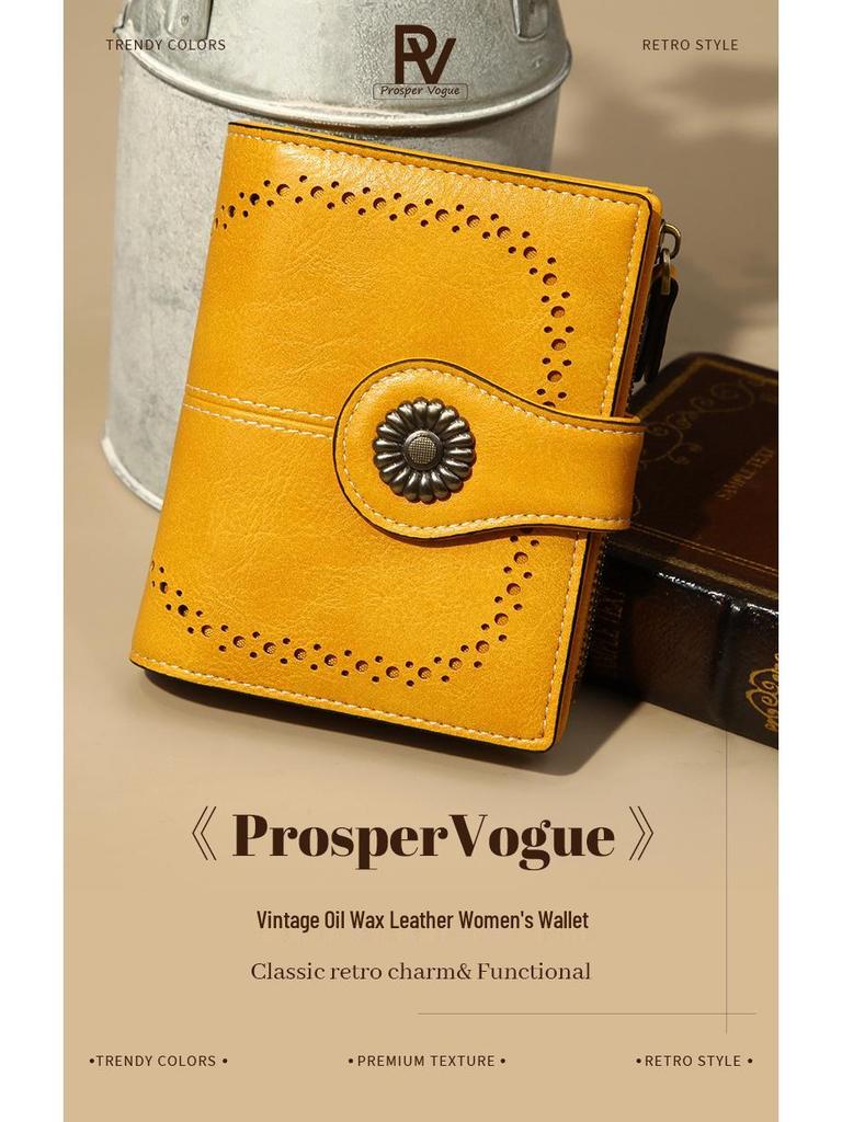 Portafoglio da Donna RFID Anti-Magnetico - Corto in Pelle Retro Olio Cera Europea & Americana, Portamonete Multi-Scomparti per Carte.