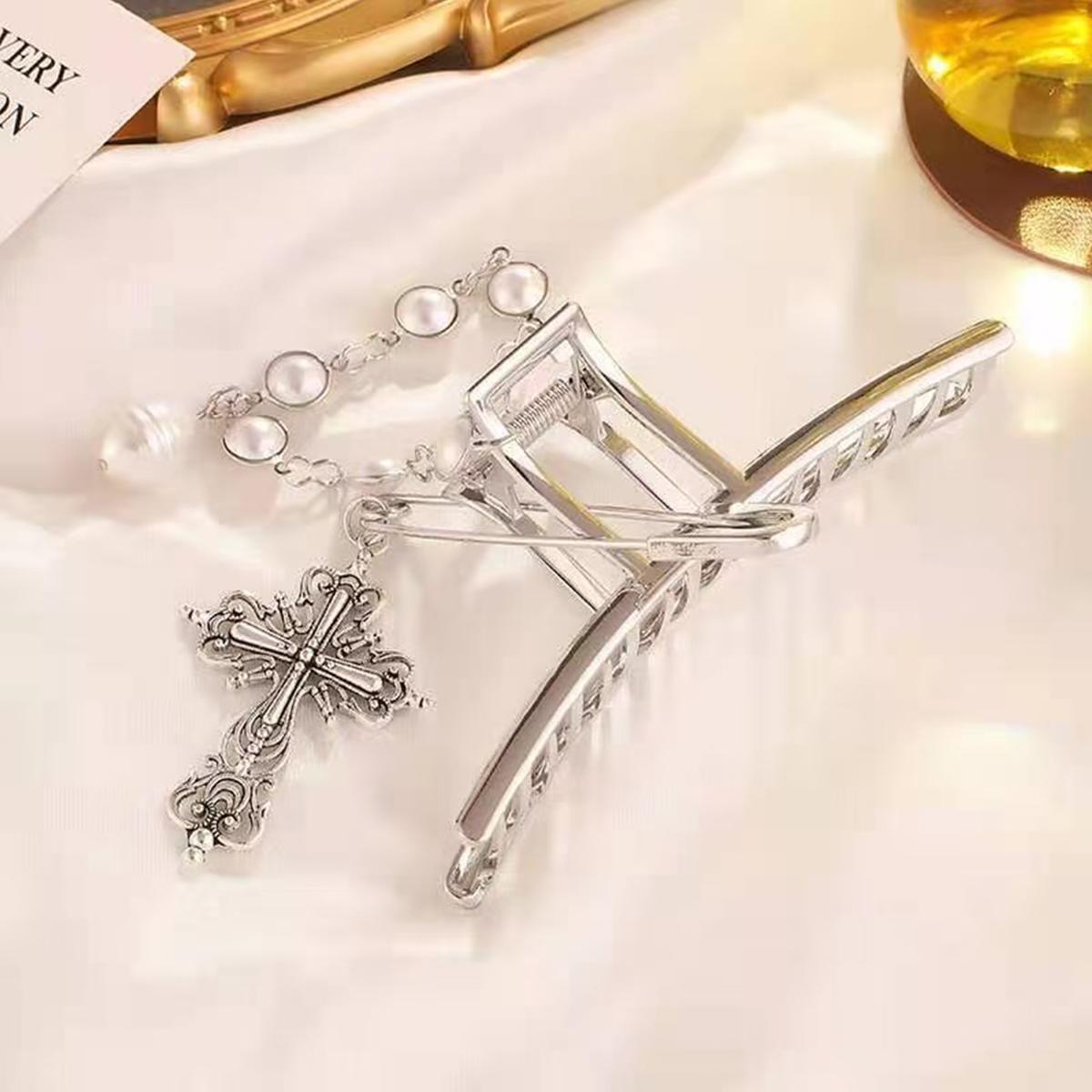 

1 шт. Y2K модный дизайн булавка крест металлическая цепочка жемчуг зажим-краб женская заколка для волос на затылок большая заколка для волос