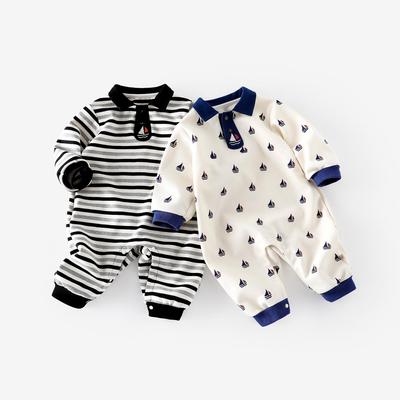 Ny Höst 2025 Segelbåt Randig Baby Pojk Romper - Trendig Nyfödd Jumpsuit med Heltäckande Tryck