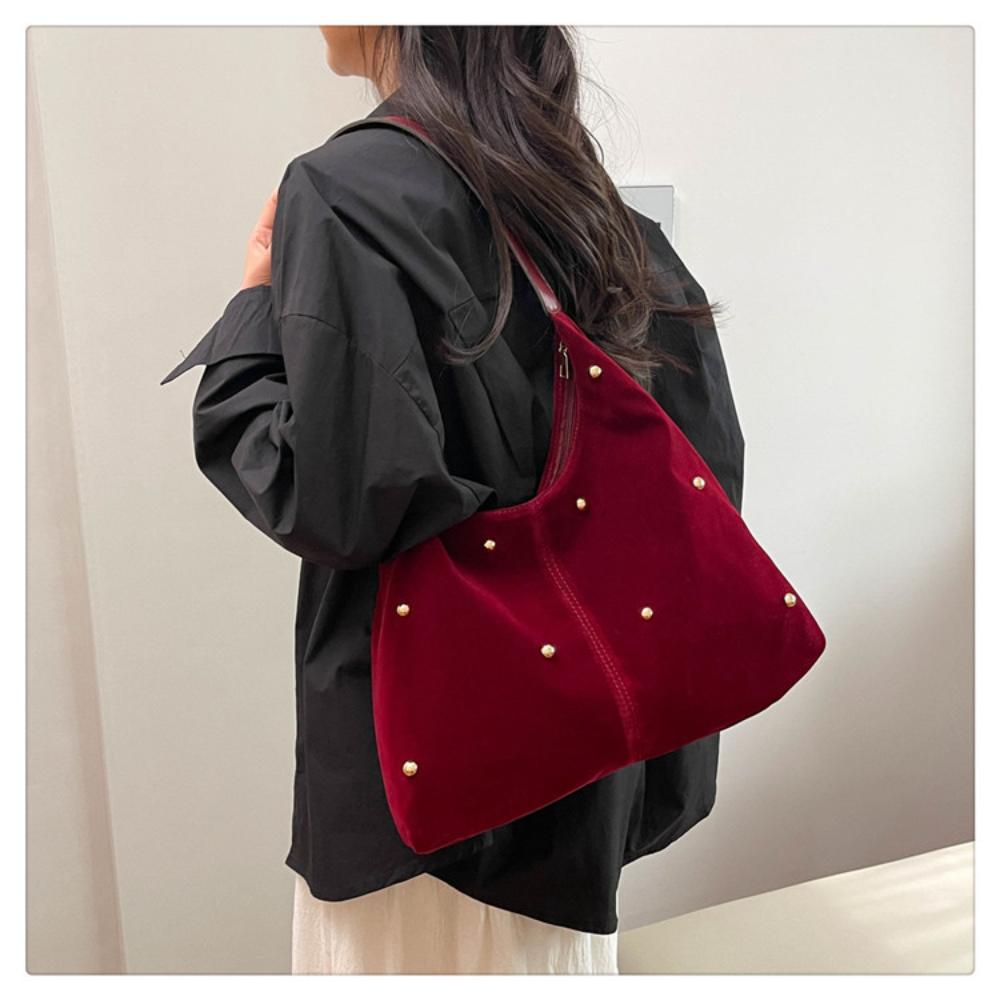 Fashion Simple Rivet Handbag Large Capacity Velvet Tote Bag With Leather Handle Autumn Winter Women Shoulder Bag Shopping Bag