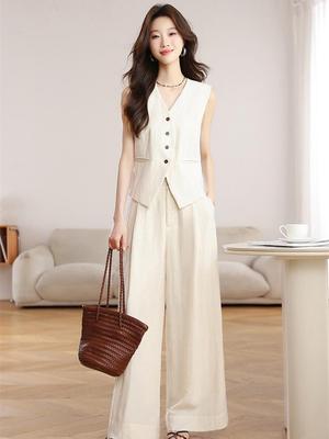 Thirteen Lines 2026 Women's Casual Two-Piece Set: Top and Elastic Waist Wide-Leg Pants