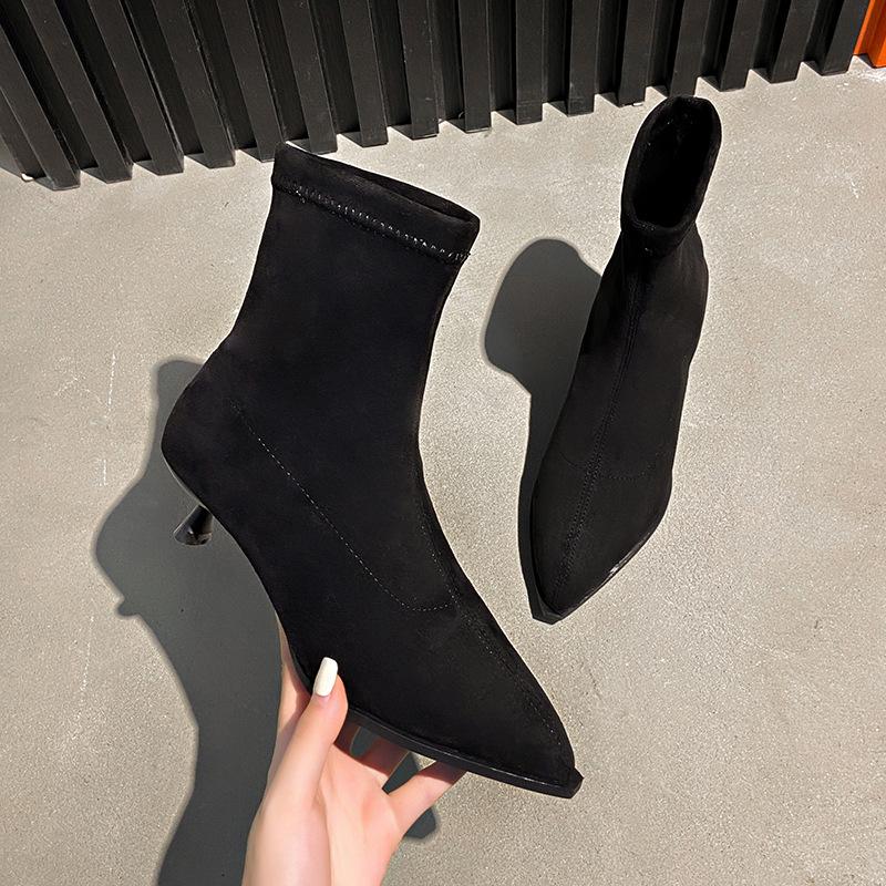High Heeled Pointed Temperament Suede Short Boots for Women, 2025 New Autumn and Winter with Suede Fine Heels Korean Boots