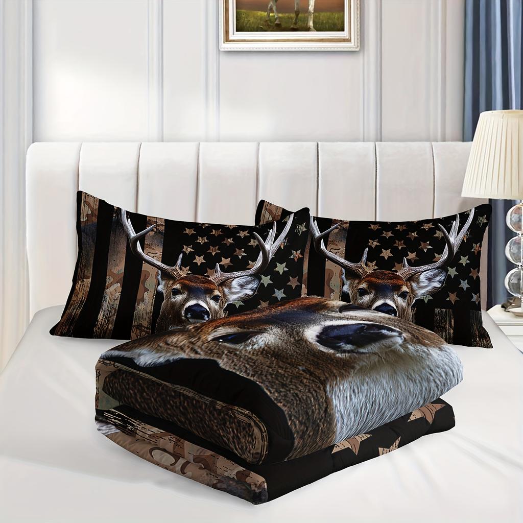3-teiliges Modernes Weiches Bettbezug-Set Braun Elch Stern Druck Bettwäscheset Bequemer Bettdeckenbezug für Alle Schlafzimmer und Gästezimmer