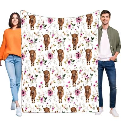 Floral Highland Cow Blanket Cozy Soft Throw for Bed Sofa, Ideal for Home Decor, Lightweight for All Seasons, Perfect Gift for Bi