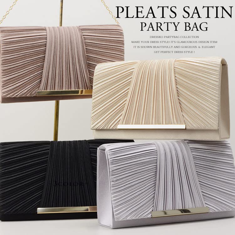 Party Bag for Weddings, Black Clutch, Women's 2-Way Gold Point Pleated Satin Clutch Bag with Long Chain (Silver)