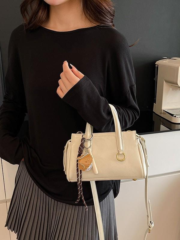 Retro Korean-Style Solid Color Boston Handbag - Women's Single Shoulder Crossbody Bag
