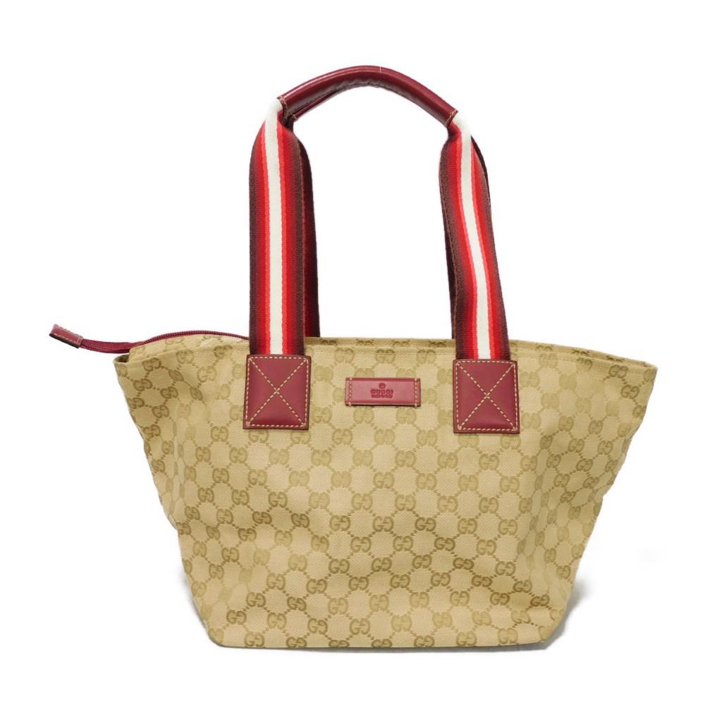 Used 9539 Web Stripe Tote 131230 7924 Logo Embossed Leather Patch Double G Red GG Canvas Beige Unisex from Japan