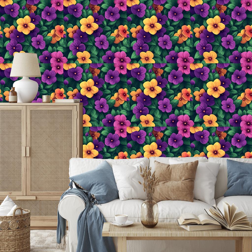Wallpaper Flowers and Leaves in Sea and Purple for Living Room and Bedroom 50x1000
