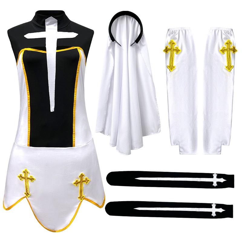 Halloween Nun Costume Role Play Outfit Stage Performance Womens Game Uniform