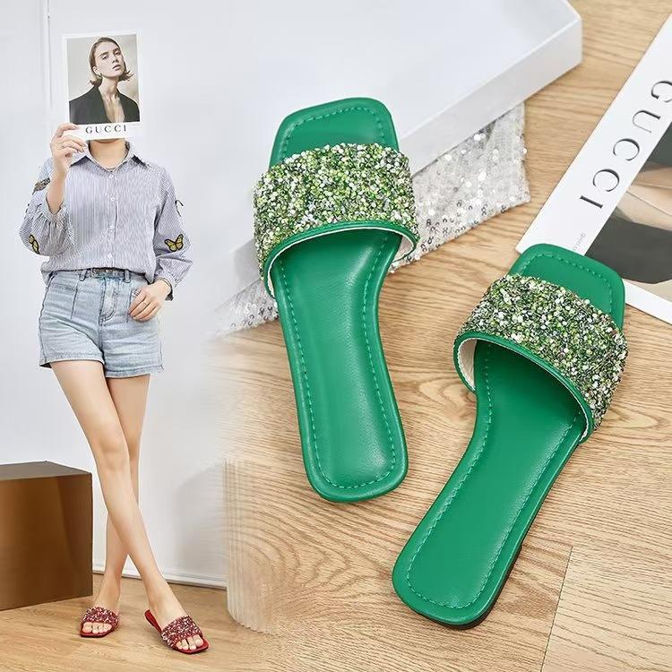 2025 summer new sequined flat bottom soft bottom comfortable casual women's slippers foreign trade large size 36-43