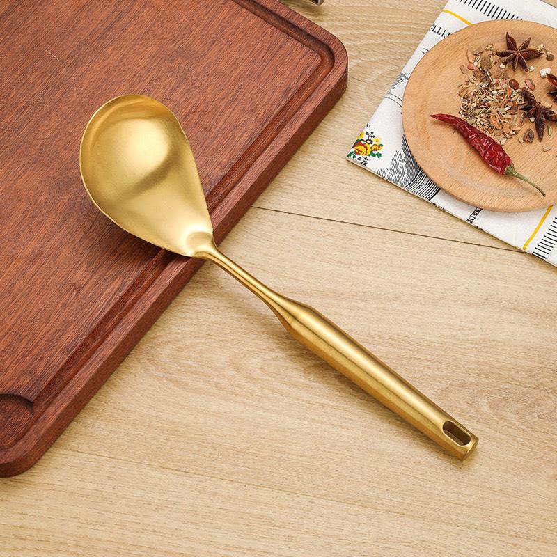 Gold Stainless Steel Kitchen Utensil Set: Shovel, Frying Spoon & Large Soup Spoon.