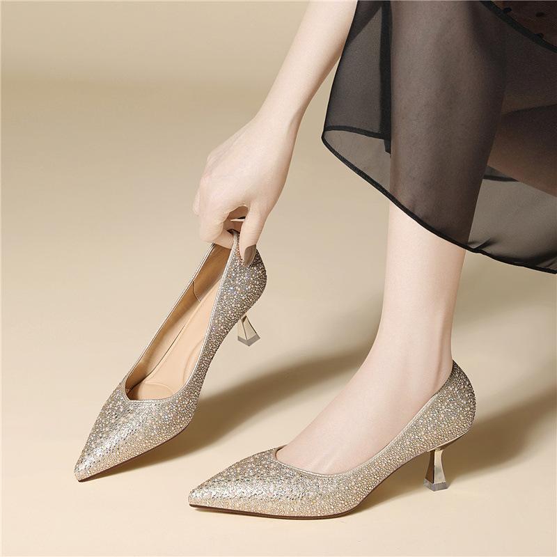 Light luxury high-end women's shoes heightened thin heels early spring single shoes small rhinestones commuting not tired feet high heels